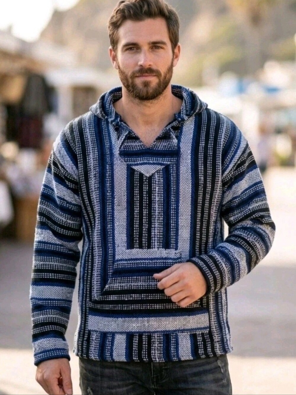 Y2k Mexican Baja Festival Boho Surfer Hippie Hoodie Black Blue White Striped L